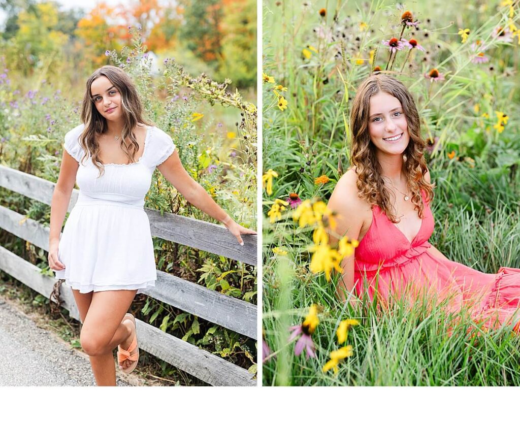 senior girls wearing dresses and standing by flowers for senior photo session 
